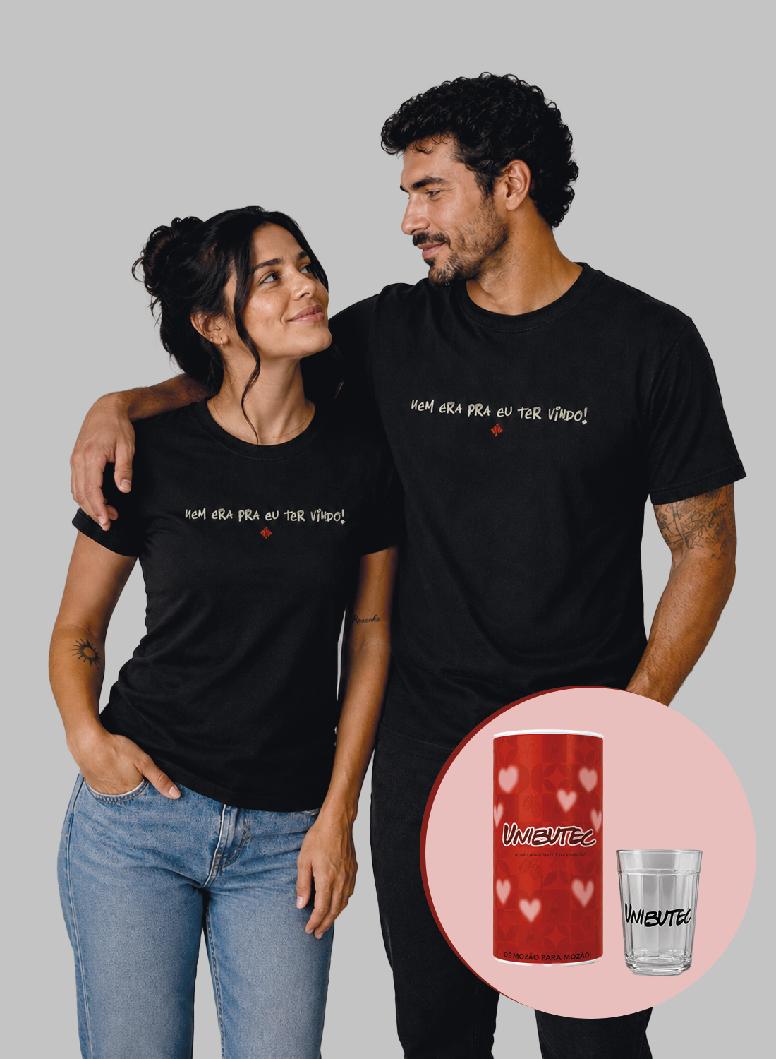Kit Casal Nem Era Pra Eu Ter Vindo • Baby Look + Camiseta + Embalagem de Presente